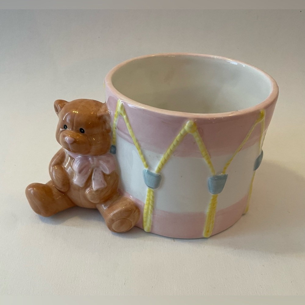 Vintage Pink and White Drum Planter with Teddy Bear